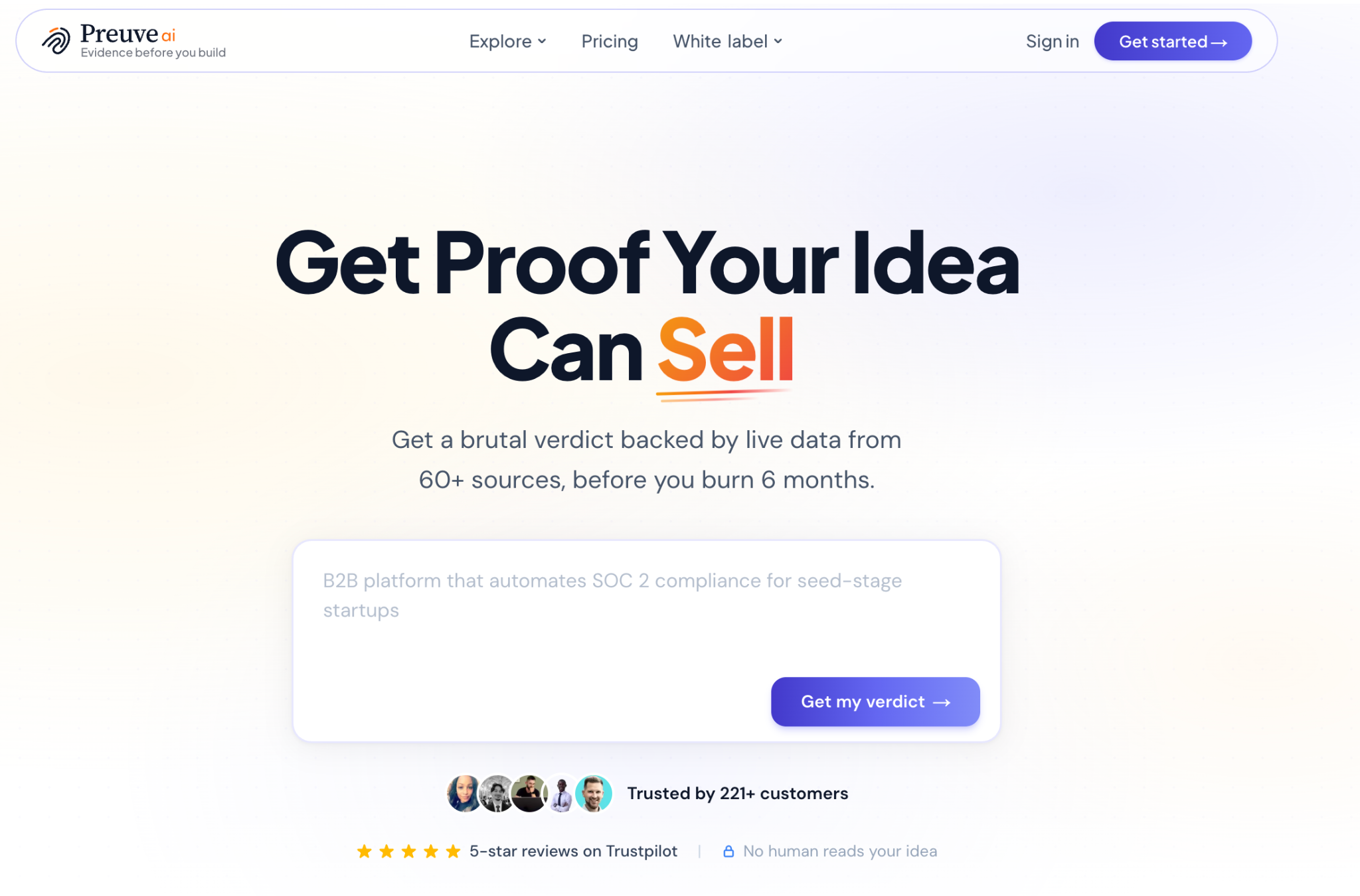 Preuve AI homepage presenting its sourced startup idea validation report.