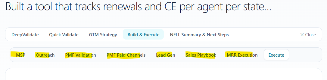 NELL Build and Execute surface showing seven launch playbooks including MSP, Outreach, PMF Validation, Paid Channels, Lead Gen, Sales and MRR Execution.
