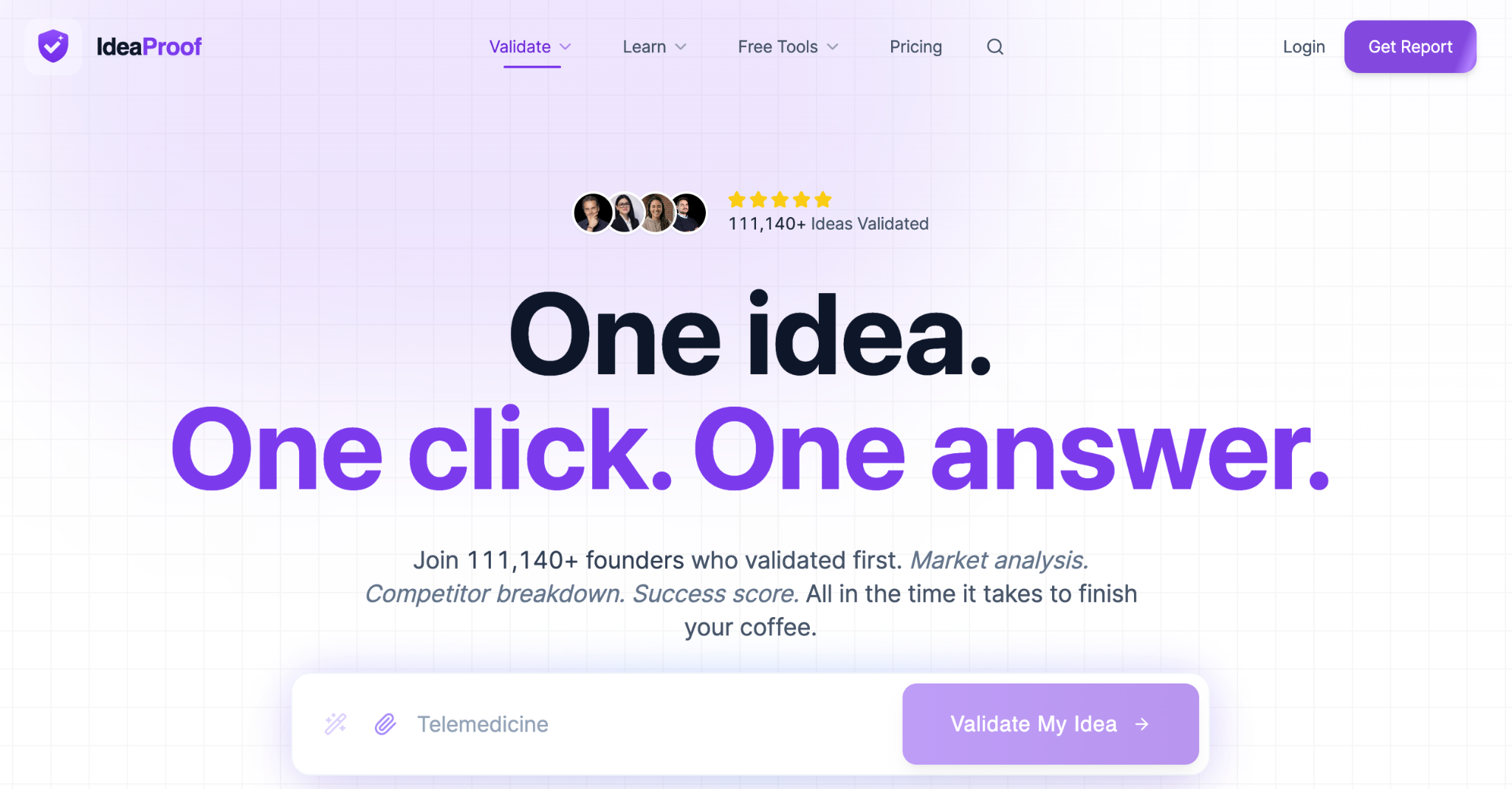 IdeaProof homepage showing its idea-validation form and the headline “One idea. One click. One answer.”