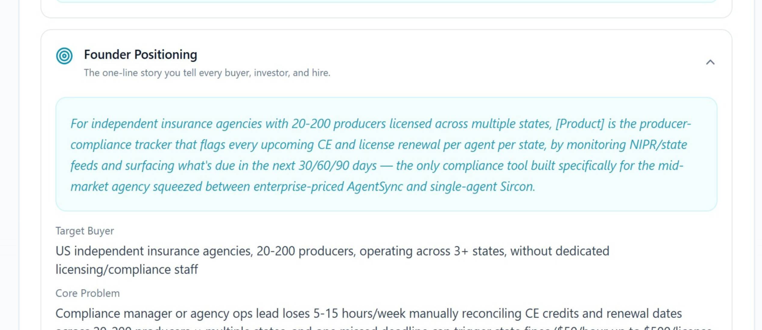 NELL founder positioning showing a positioning statement, target buyer and core problem for an insurance-agency compliance tool.