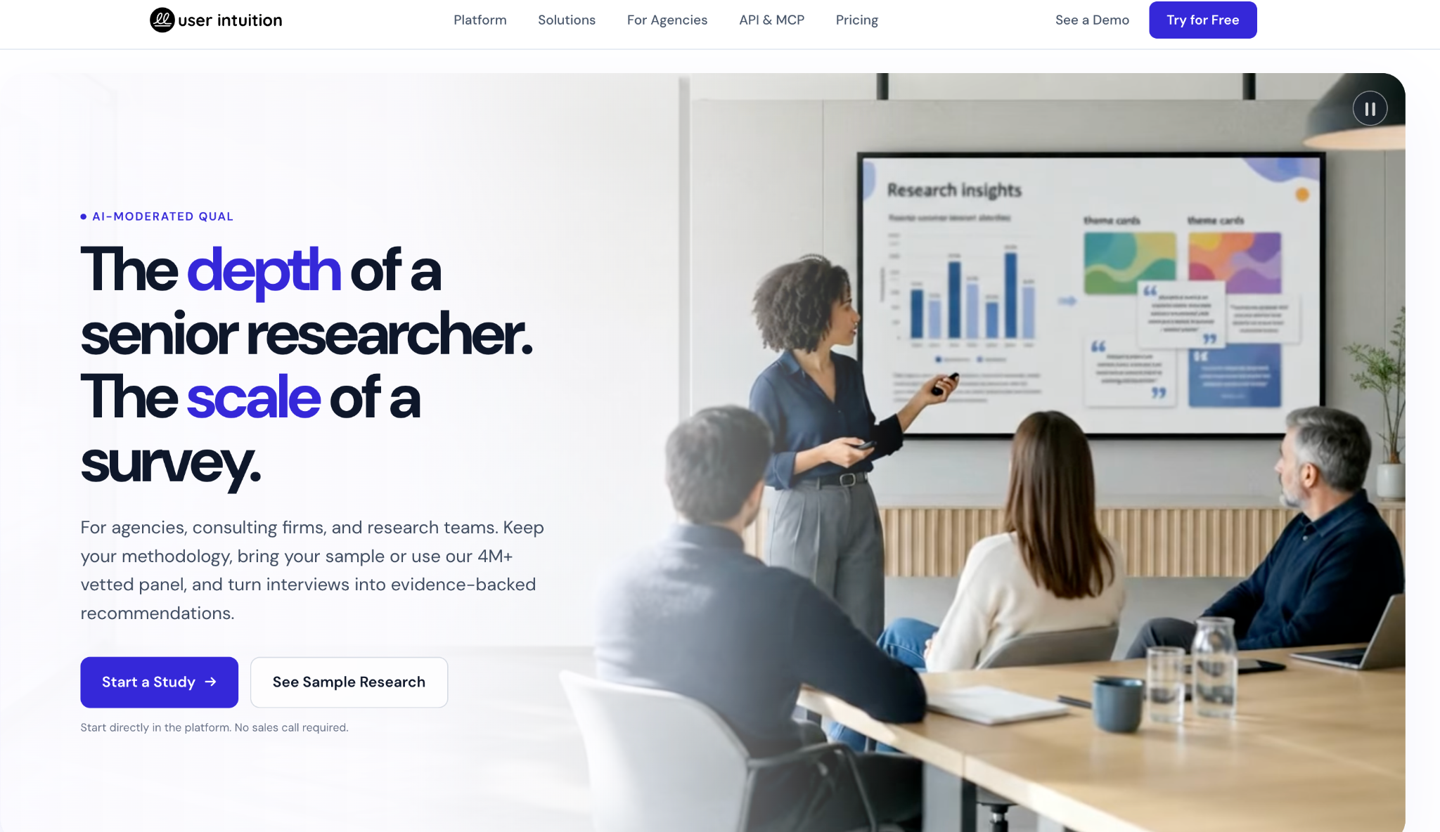 User Intuition homepage showing AI-moderated qualitative research, study and sample-research buttons, and a team presentation.