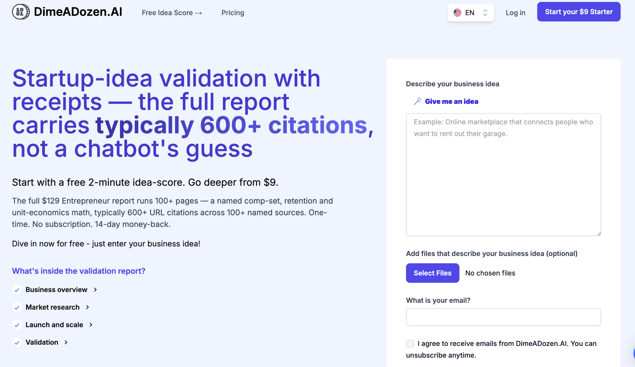DimeADozen.AI homepage highlighting startup idea validation with full reports and sources.