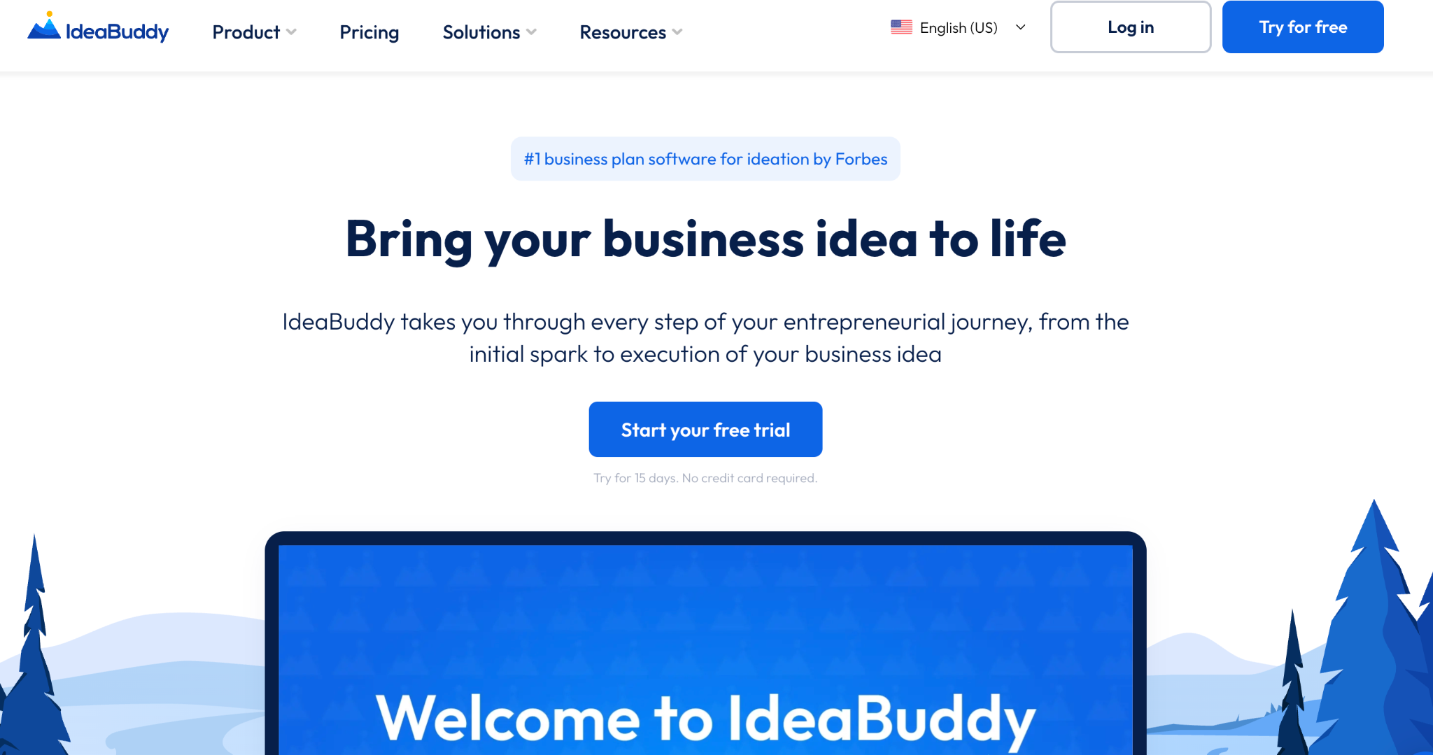 IdeaBuddy homepage introducing guided business planning, financials and idea development.