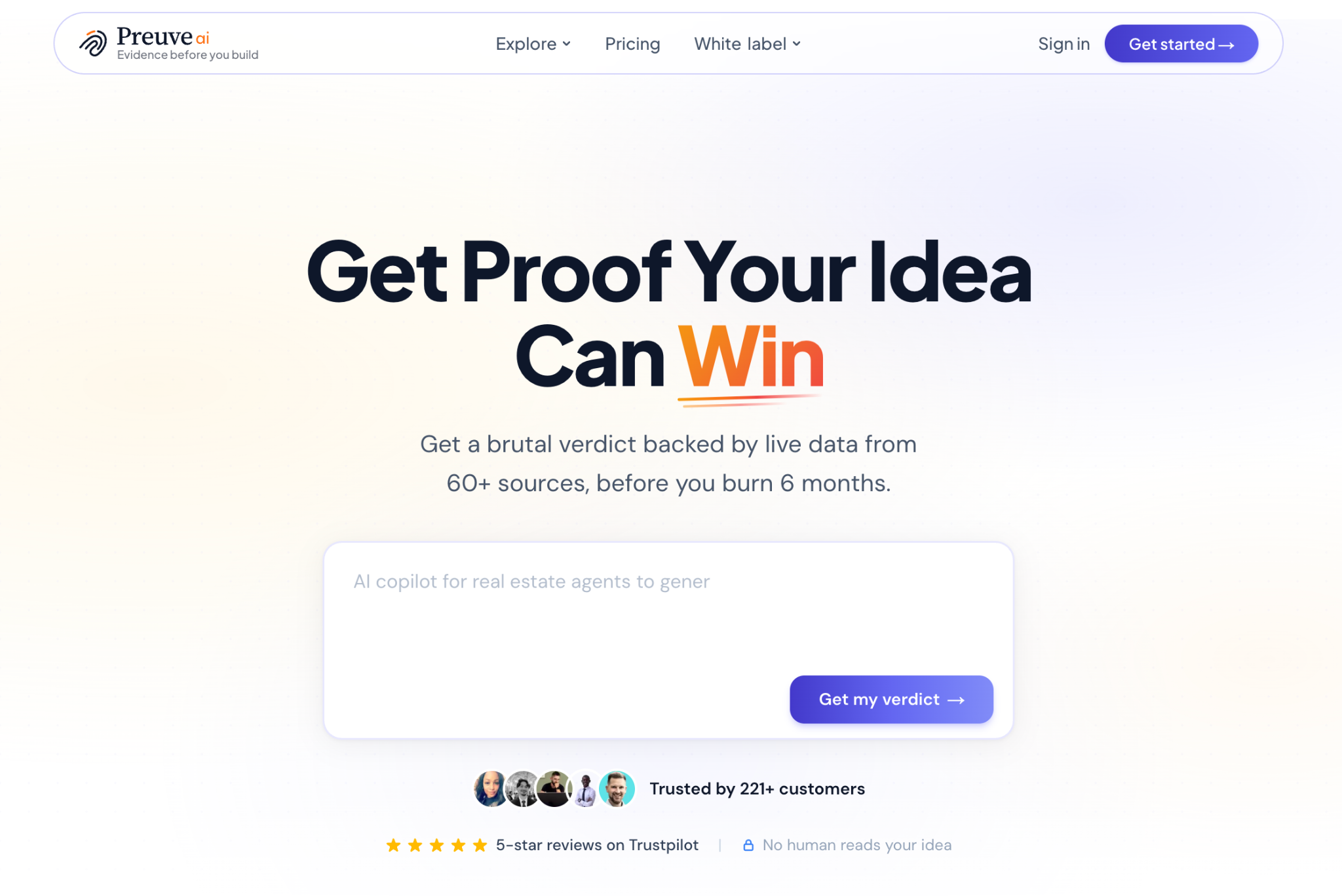 Preuve AI homepage showing its idea-validation workflow and source-linked reporting promise.