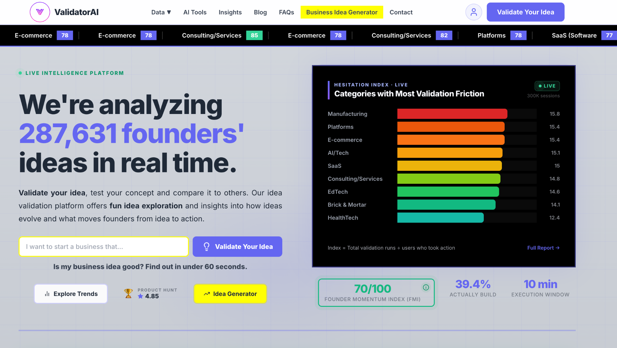 ValidatorAI homepage showing idea analysis, AI mentor features and startup scoring.