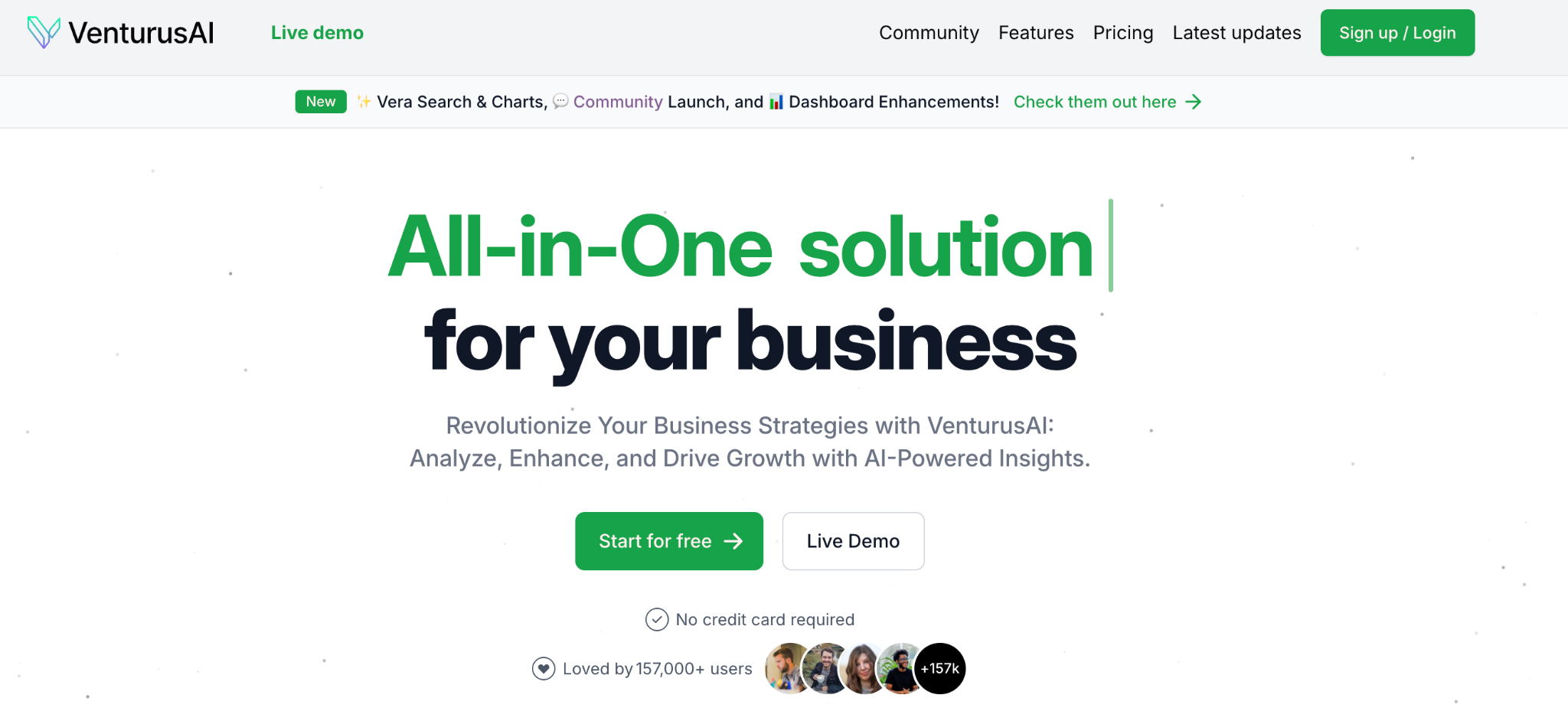 VenturusAI homepage describing AI-powered business analysis for ideas and startups.