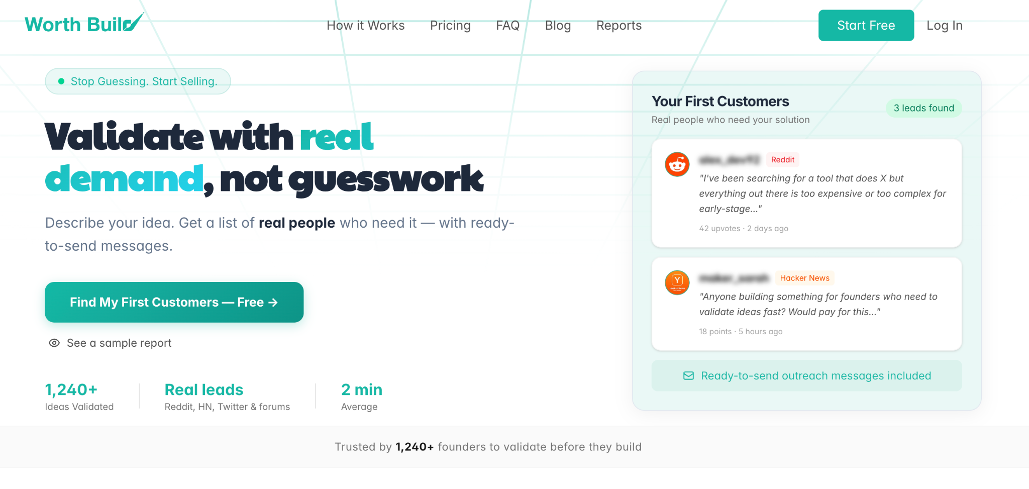 WorthBuild homepage highlighting validation with real demand signals, user needs and suggested leads.