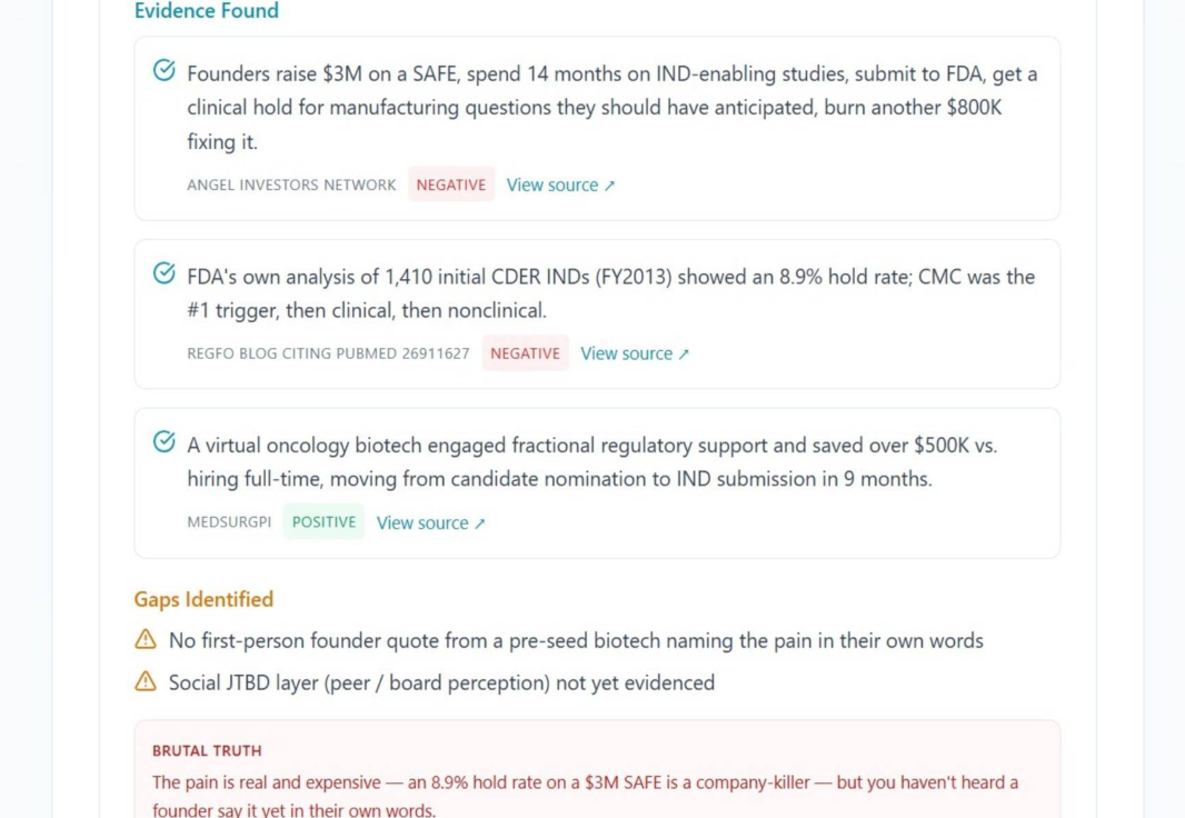 NELL evidence section showing sourced findings, evidence gaps and a brutal-truth summary.