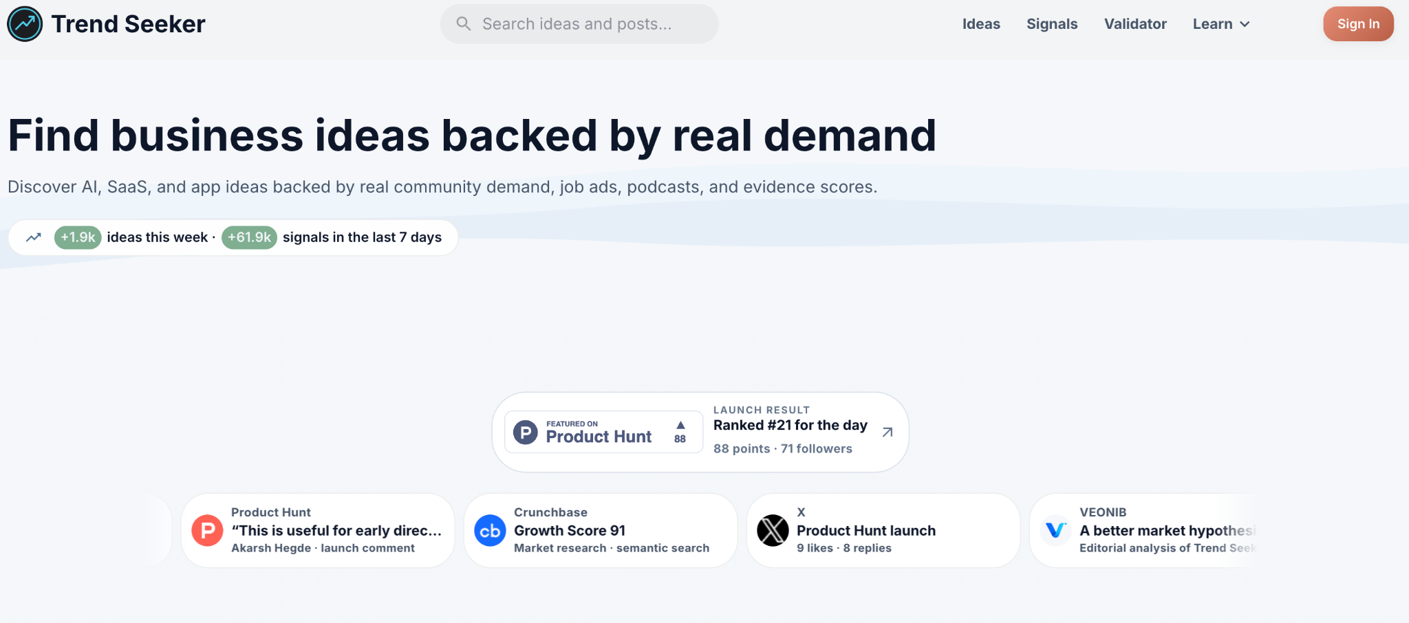 Trend Seeker homepage showing a demand-validation workflow built around real search and community signals.