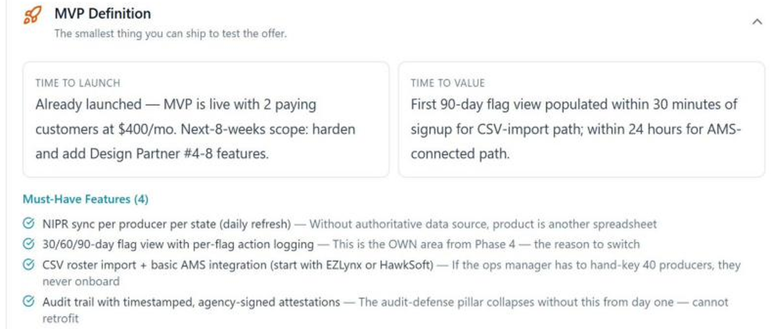 NELL MVP definition showing time to launch, time to value, must-have features, and deferred work for the next eight weeks.