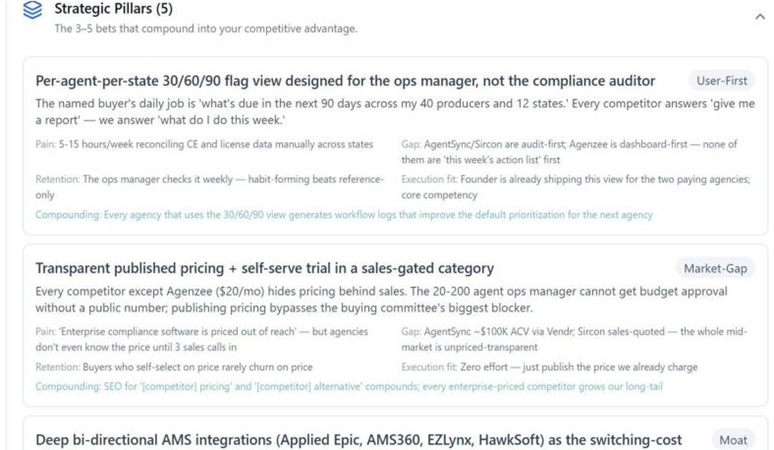 NELL strategic pillars section showing product bets tied to customer pain, market gaps, and compounding advantage.
