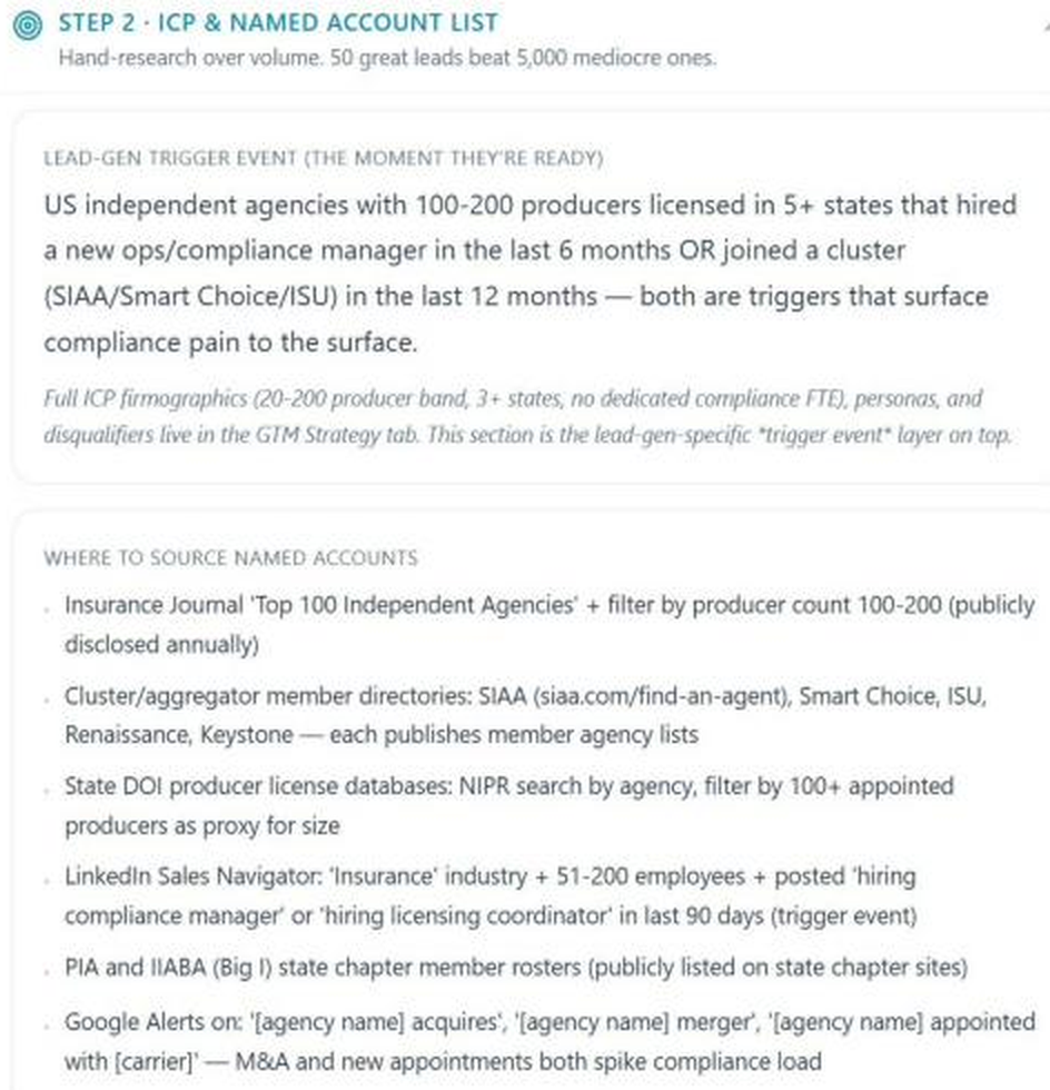 NELL Lead Gen account-list screen defining a trigger event and six concrete sources for finding named insurance agency accounts.