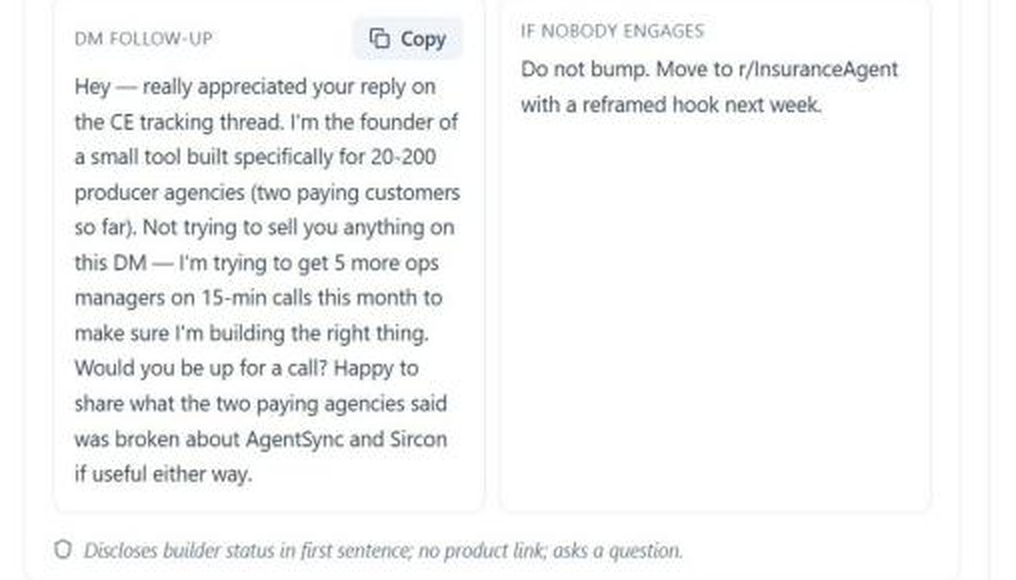 NELL PMF Validation Playbook showing a DM follow-up script for an engaged commenter and a fallback action when nobody engages.