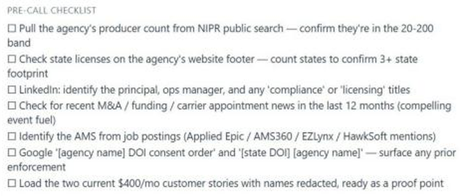 NELL Sales Playbook pre-call checklist using NIPR, website state footprints, LinkedIn, job postings, DOI records and customer proof points before discovery.