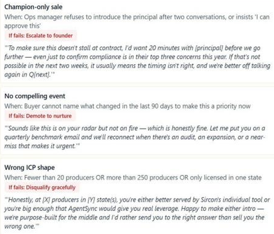NELL Sales Playbook sniff tests for disqualifying deals with no metric, champion-only access or the wrong ICP shape, including graceful exit scripts.